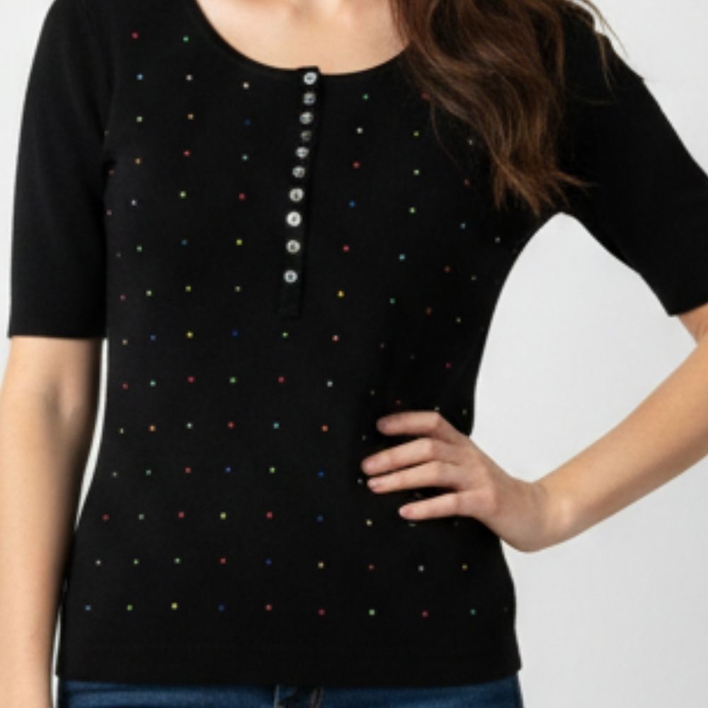 Carole Little Black Top with Colorful Dots